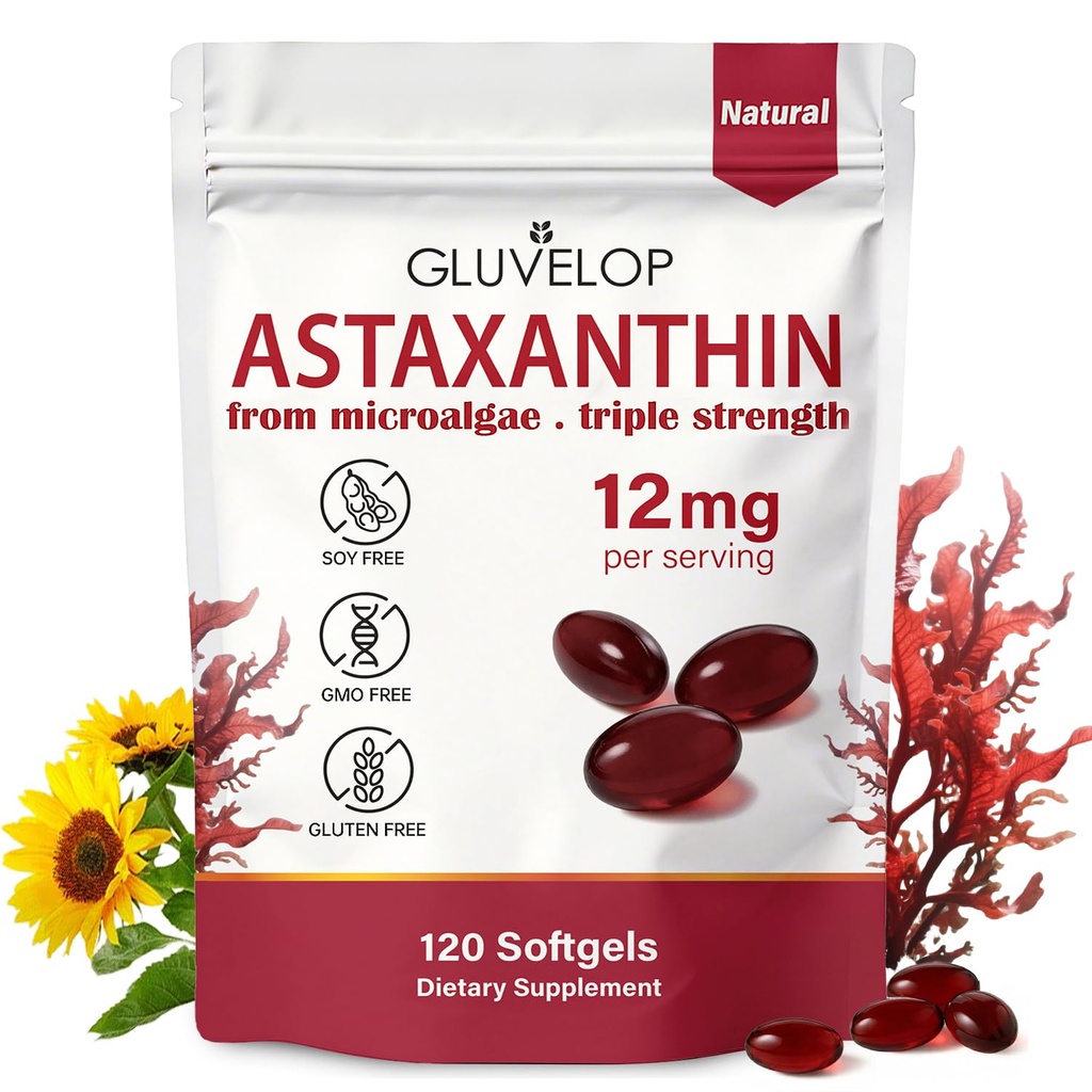 Astaxanthin 12mg, Premium Astaxanthin 抗氧化剂补充剂, 支持眼, 皮肤, Imune, 内部流通, 新鲜微藻源, 三强, 非 GMO, 4个月供应, 120软胶