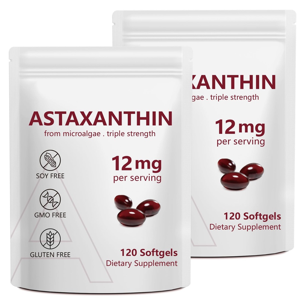 2 Pack Astaxanthin 12mg, Astaxanthin 抗氧化剂添加剂,有抗氧化剂活性,支持眼,免疫,皮肤健康,内环