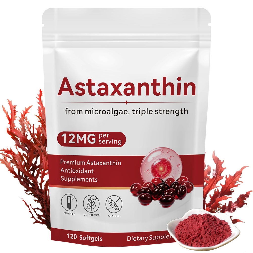 Astaxanthin 12mg, 120 软胶, Premium Astaxanthin 抗氧化剂补充剂 抗氧化剂活性, 支持眼, 皮肤健康, Immune, 内环