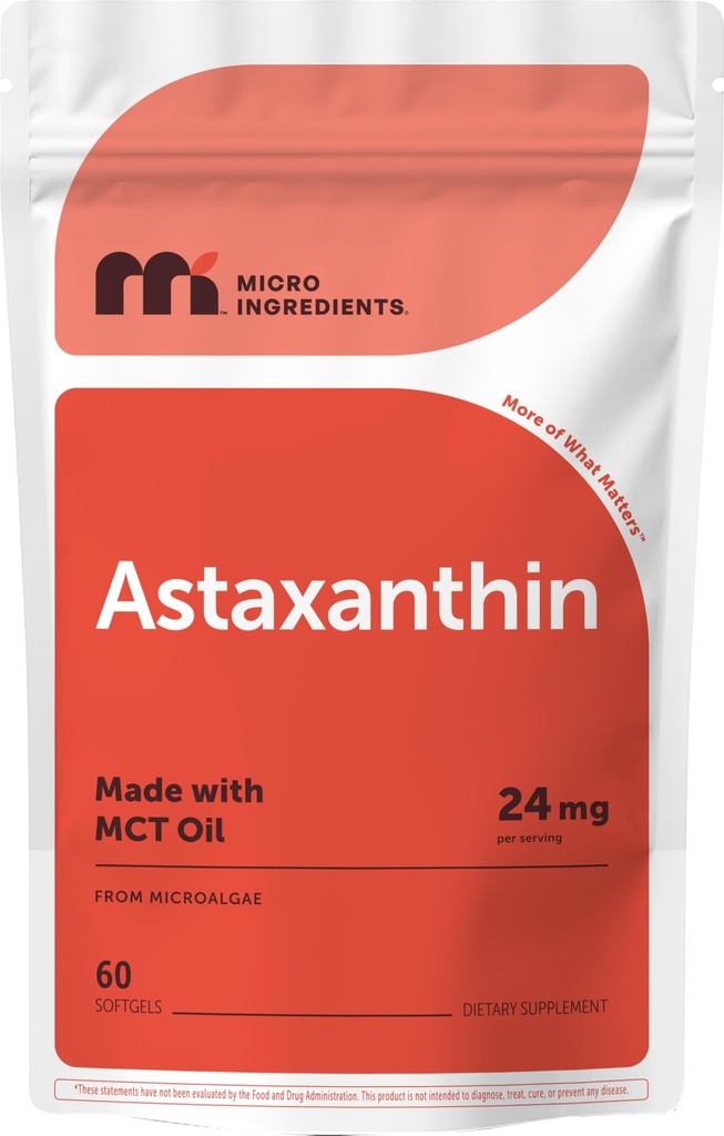Astaxanthin 24mg 配有 MCT Oil, 60 Softgels, 2个月供应 Max 强 Astaxanthin 抗氧化剂 补充 → 新鲜微藻源 → Non-GMO, Gluten Free, no Soy