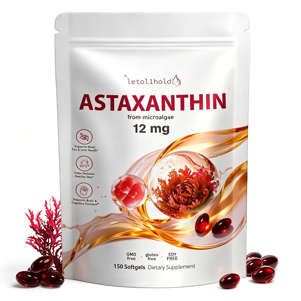 Astaxanthin 12mg, 150 Softgels - 5个月供应, Astaxanthin 补充来源于新鲜微藻, Non-GMO, Gluten Free, Easy to Swallow