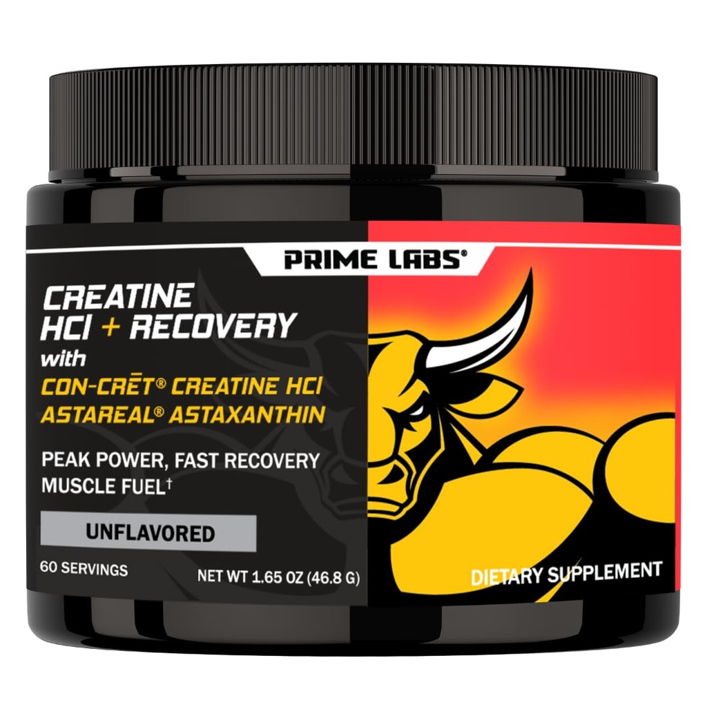 Prime Labs Creatine HCl 配有 AstaReal Astaxanthin 6mg - 支持肌肉恢复和脑健康 - Con-Cret Creatine HCl(7X 更集中于单水合物) - 60 services