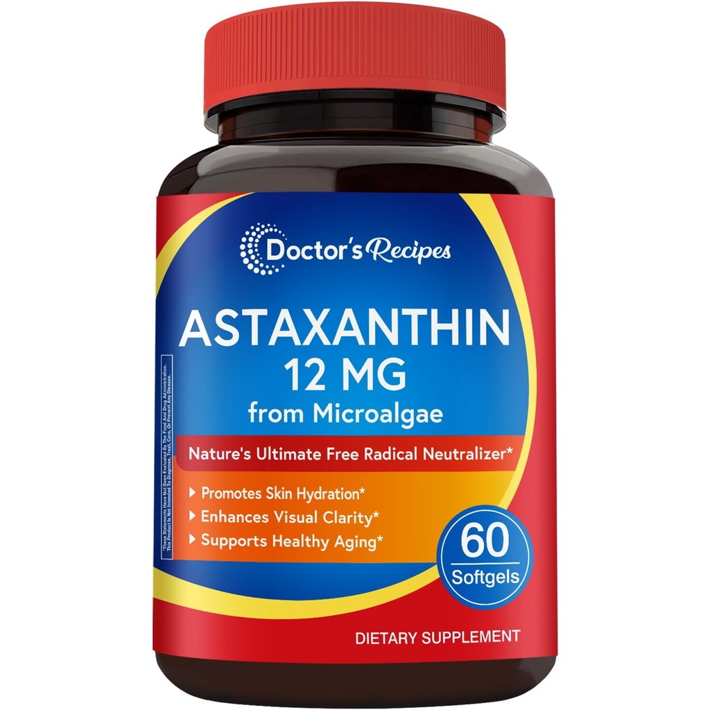 医生食谱:Astaxanthin 12毫克,来自新鲜微藻、Max强、无胶、非GMO、支持皮肤、眼、骨和免疫系统健康,60软胶