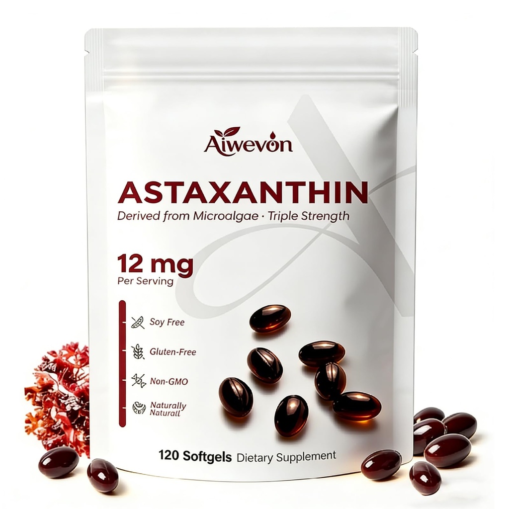 Astaxanthin 补充 12 mg 软胶,来自微藻的天然 Astaxanthin 与 MCT 油进行吸收, 强抗氧化剂支持皮肤眼心联合健康, Non-GMO Gluten Free, 120 软胶
