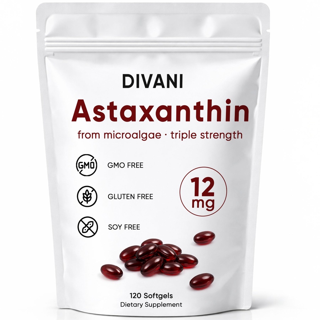 DIVANI Astaxanthin 12mg,每日健康、免疫、眼皮支持、非GMO、Gluten Free - 120软胶的抗氧化剂补充剂
