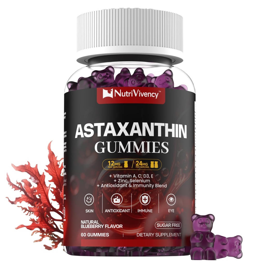 Astaxanthin Gummys, 12mg Per Gummy 24mg Max, Astaxanthin 补充维生素A/C/D/E, Resveratrol, 14-IN-1 抗氧化剂混合剂, 女性男性, 皮肤, 眼睛, 免疫支持, 无糖, Vegan, 60 Ct