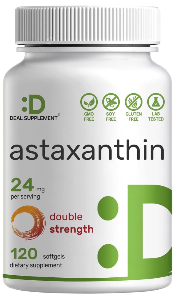 DEL Suppment Astaxanthin 24mg per service (12mg per Cap),120 Softgel – 双强微藻 – 皮肤,眼睛,关节和免疫支持的抗氧化剂补充剂 – 非GMO