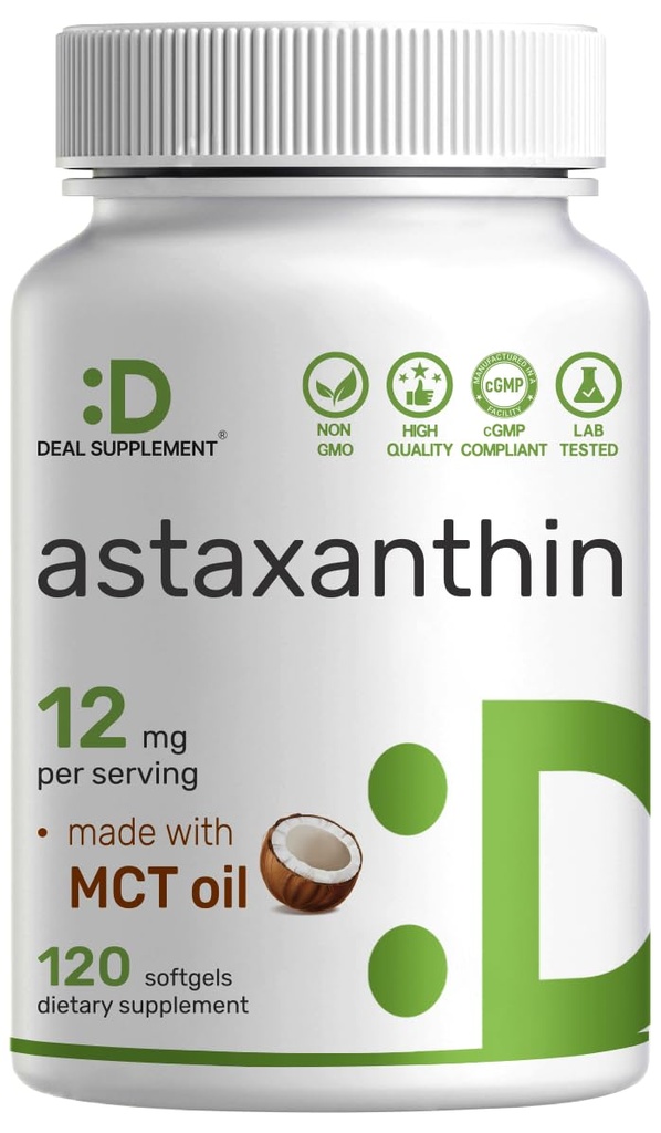 DEL Supplement Astaxanthin 12 mg Pervice, 120 Softgel → Astaxanthin 配有MCT Oil → 微藻源 → 非GMO