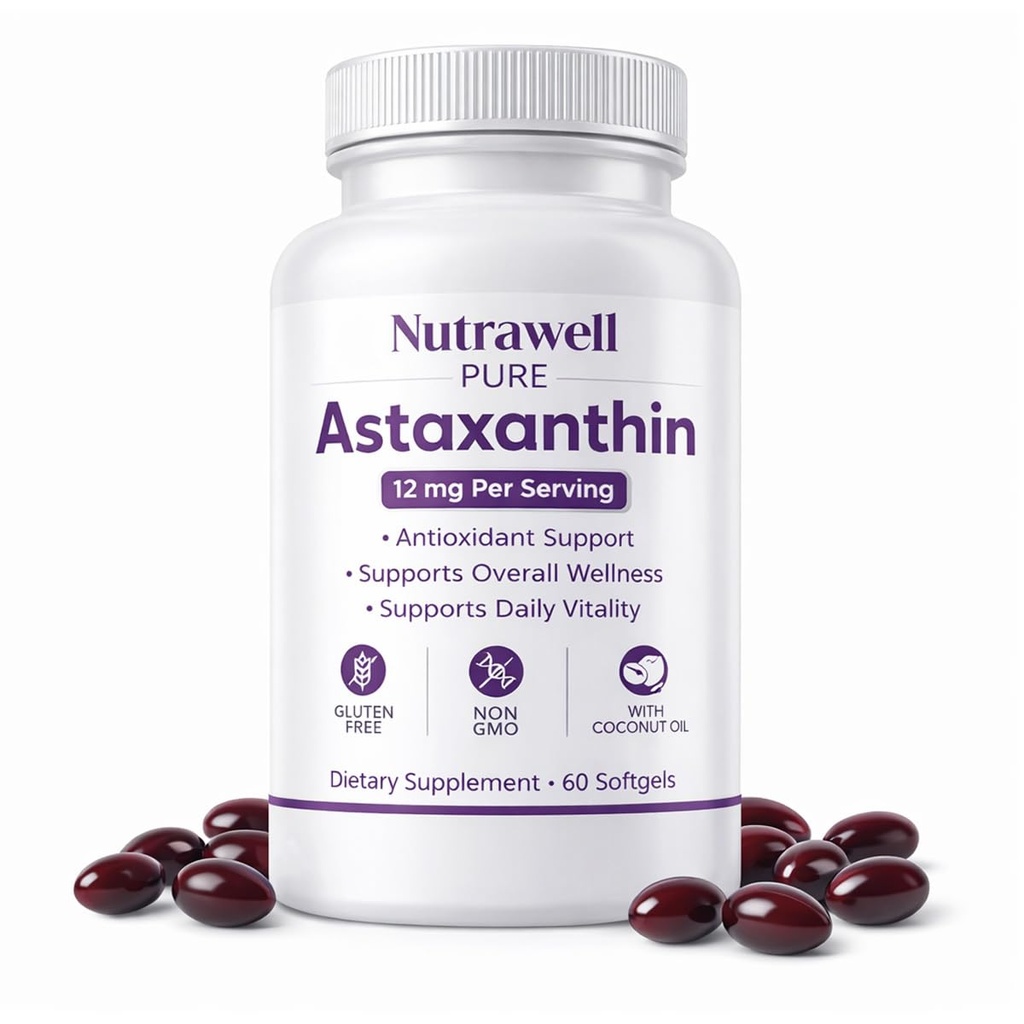 IRMI Nutrawell Astaxanthin 12 mg 软胶, Premium Natural Astaxanthin → Gluten-free, Non-GMO → Daily Eye & Skin Support, 60 软胶