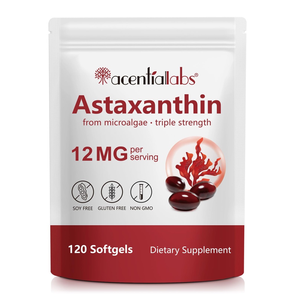 Astaxanthin 12mg,120 软胶(4-Month Supplication),来源于新鲜的海马托科球菌 Pluvialis Microalgae,支持眼,联合和皮肤健康,Non-GMO,Gluten-Free,乳制品无