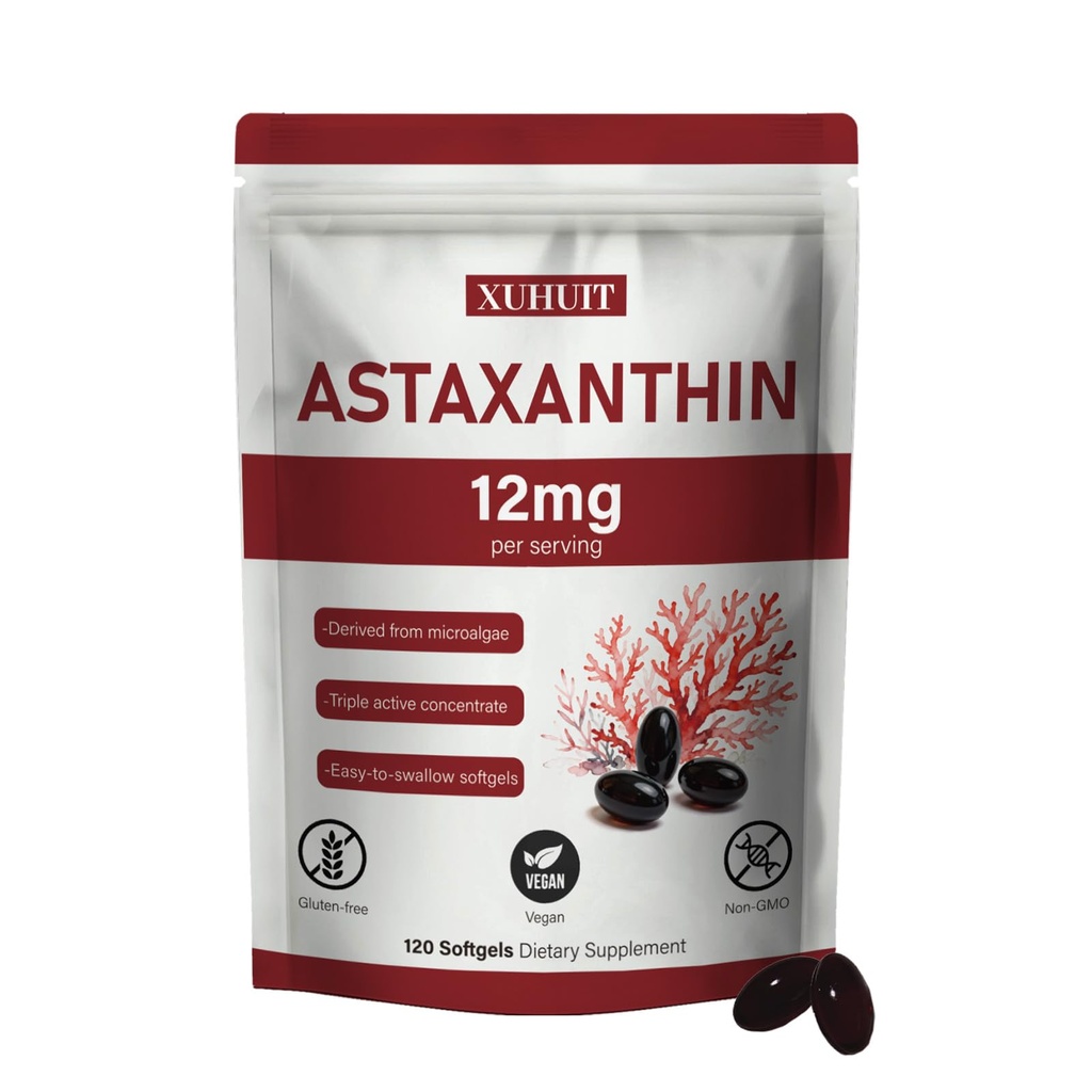Astaxanthin 补编 12mg, 120 Softgels → Premium 天然 Astaxanthin 抗氧化剂 来自微藻 → 高强度,非GMO, Gluten 和 Soy 自由公式 (1)