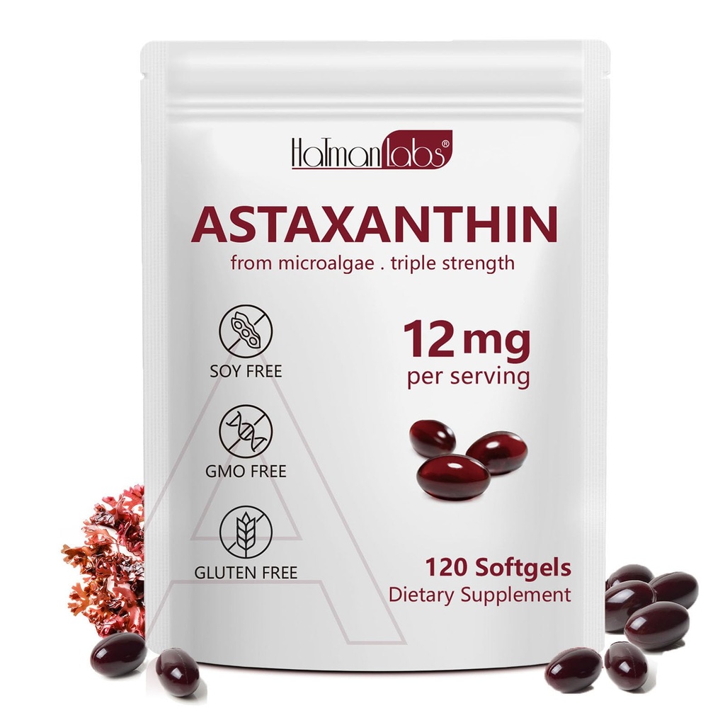 Daiasns Astaxanthin 12mg, Astaxanthin 抗氧化剂补充剂 支持眼,联合,内部循环和皮肤健康 - 非GMO,120 软胶 - 4个月供应