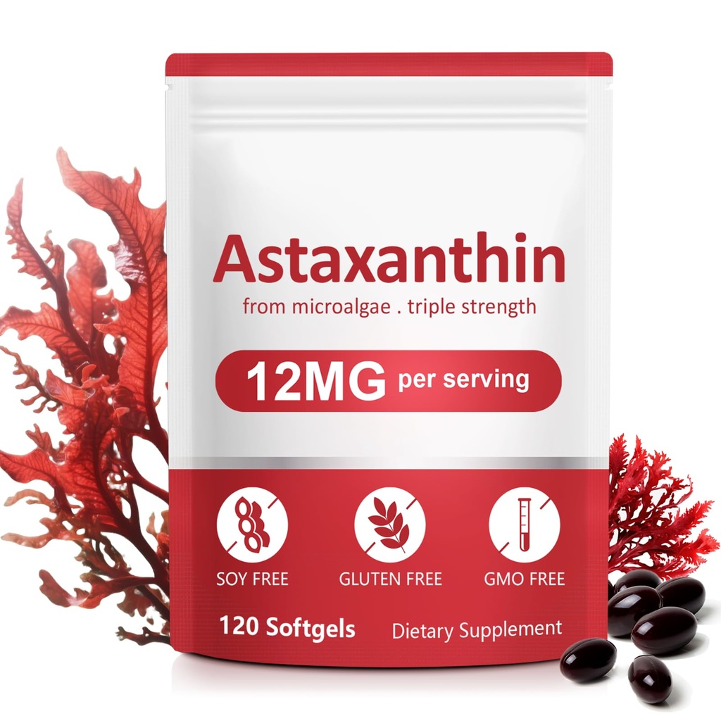 Astaxanthin 补充,12mg Astaxanthin 天然抗衰老公式 - 支持眼睛,联合,内部流通和皮肤健康,Non-GMO Non-Gluten