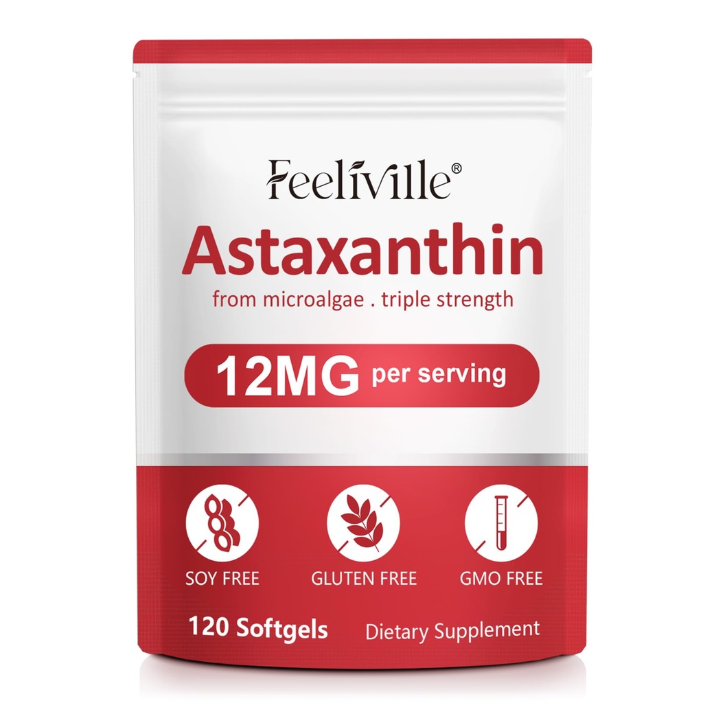 Astaxanthin Premium Astaxanthin 补充 12mg 120软胶,Astaxanthin 抗氧化剂补充 眼,皮肤,联合,脑,新鲜微藻源 心脏和免疫系统健康