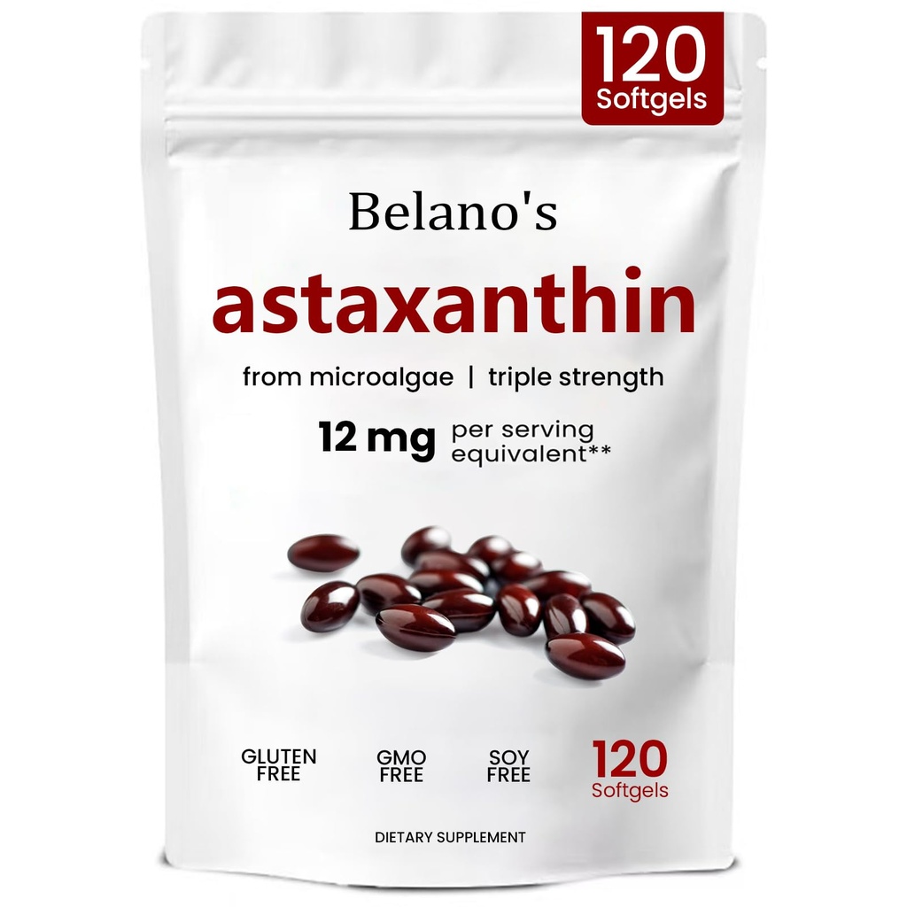 Belano的Astaxanthin 12mg, Astaxanthin Softgels, Premium Astaxanthin 抗氧化剂补充 QQ 健康与能源支持, Non-GMO, Vegan-友好 & Gluten-Free - 120 Softgels (1 Bag)