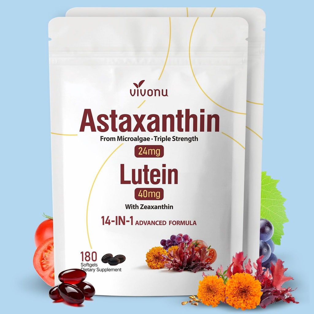 VivoNu 14-in-1 Astaxanthin 24mg & Lutein 40mg 配有 Zeaxanthin 补编,12个月供应,360软胶,2包