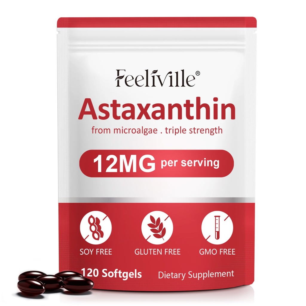 Astaxanthin 补充品,Astaxanthin 12mg,120 Softgels 抗氧化剂 Astaxantina 补充品,用于眼,皮肤,联合和免疫健康,支持内部循环和心脏健康,Non-GMO & No Gluten