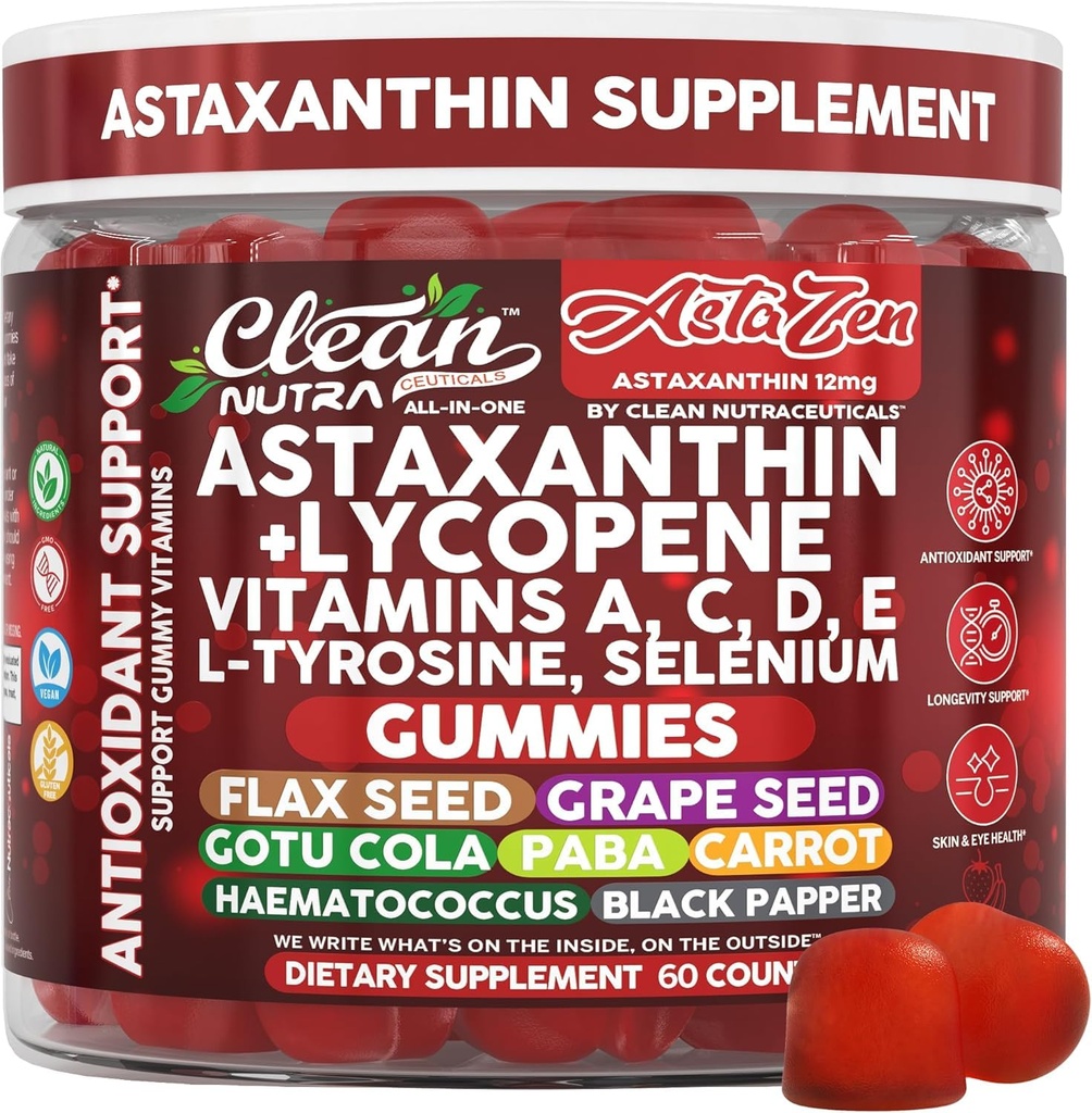 清洁营养素 AstaZen Astaxanthin Gummys 12mg - 配有 Lycopene,维生素A C D E, L-Tyrosine & Selenium - 抗氧化剂支持 Gummys - 60 计数