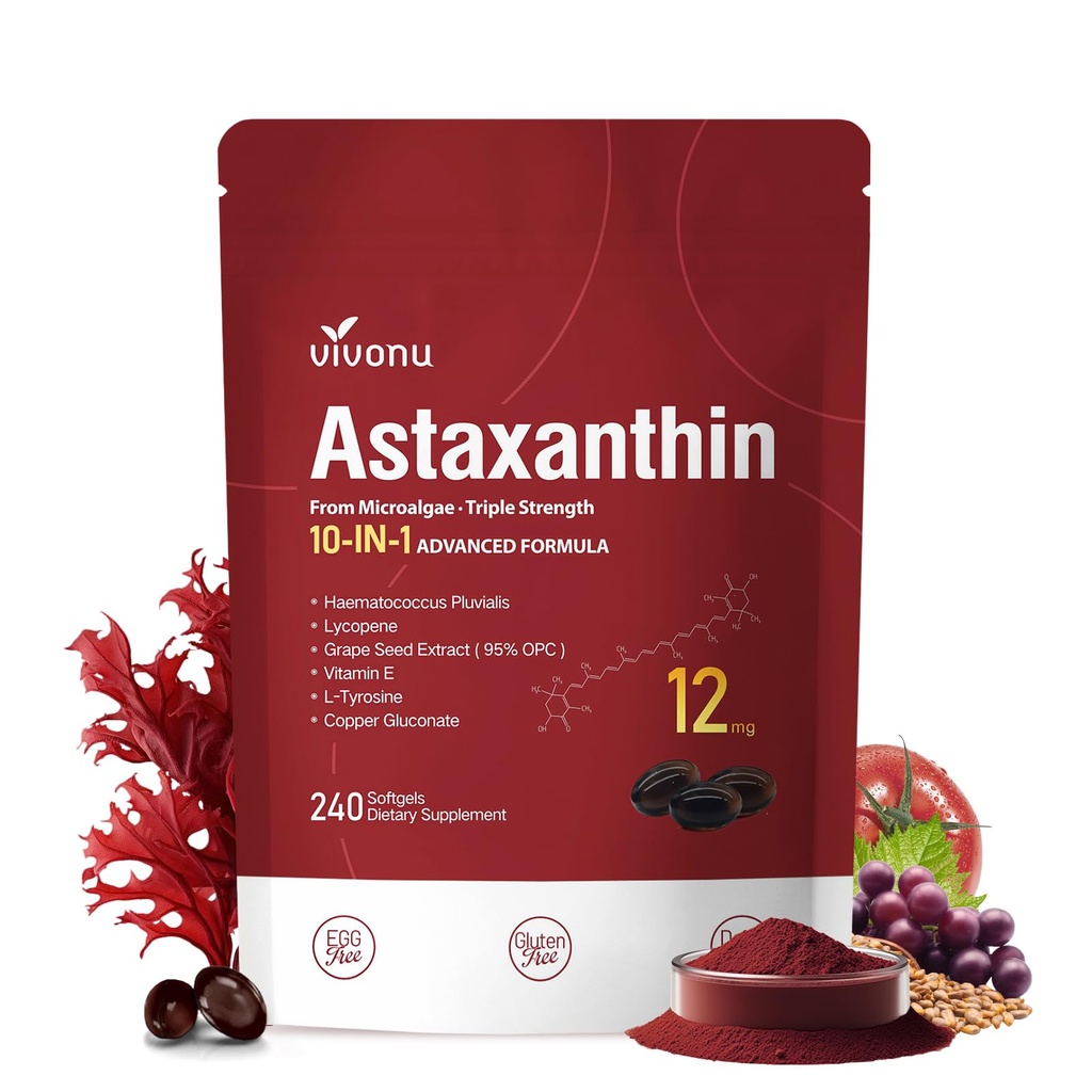 VivoNu Astaxanthin 12mg 补充剂,240 软胶,新鲜的海马托科克斯 Pluvialis 10 in 1 Astaxanthin 抗氧化剂补充剂,支持眼,皮肤,联合,脑,心脏和免疫系统健康