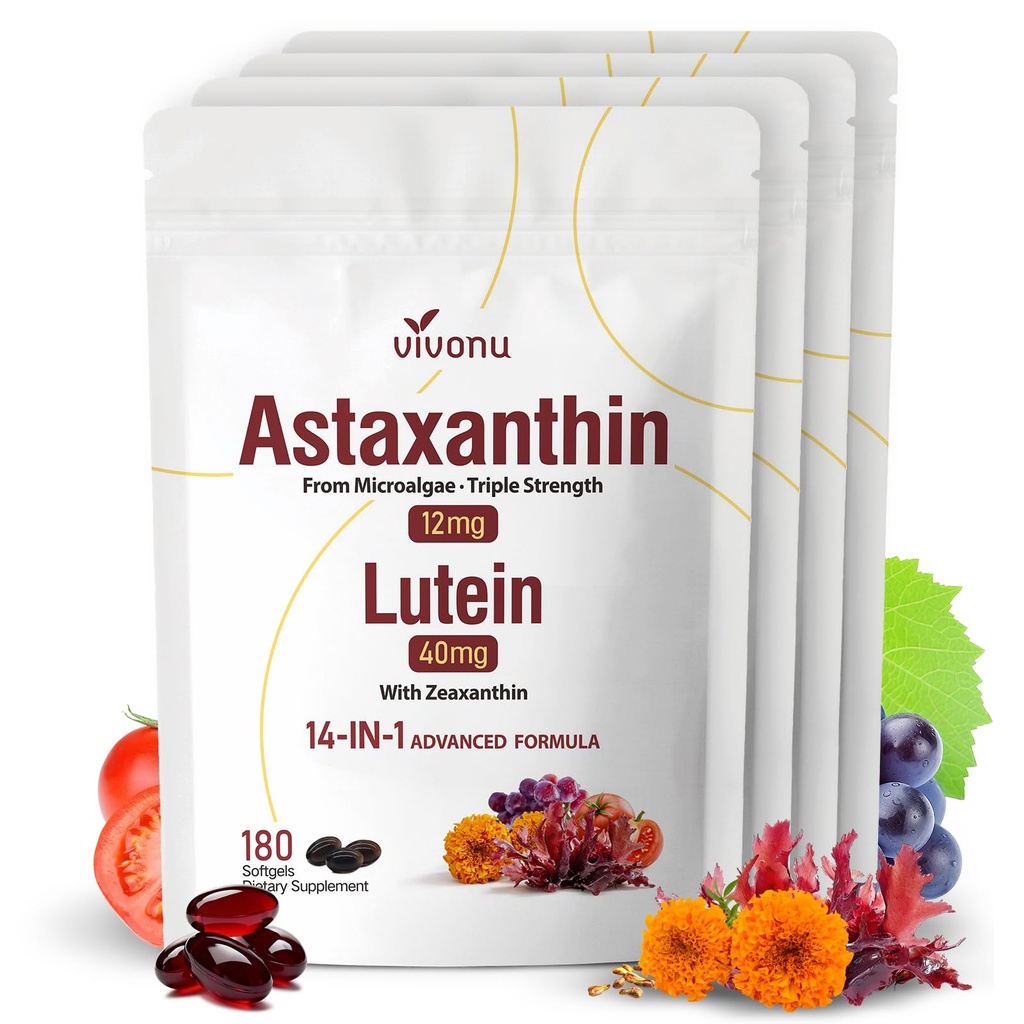 14-in-1 Astaxanthin 12mg & Lutein 40mg 配有 Zeaxanthin 补充品,24个月供应,新鲜微藻源,支持眼,皮肤,抗氧化剂,联合,循环卫生,非GMO,Gluten Free,4 Bag