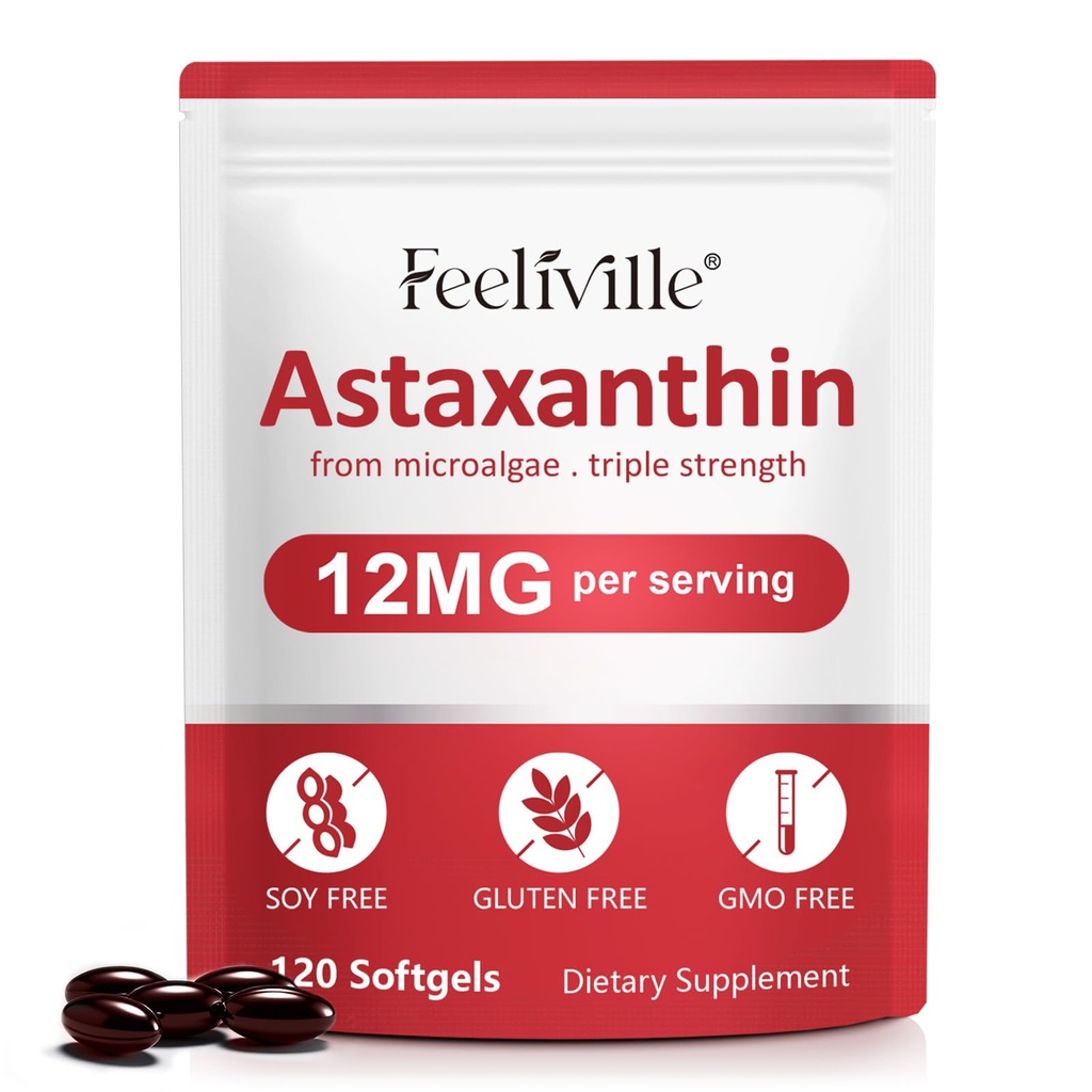 Astaxanthin 12 mg (120 Softgels) - Premium Astaxanthin 抗氧化剂补充剂 - 支持眼,内环,免疫和皮肤健康 - 新鲜微藻源 - 非GMO & No Gluten