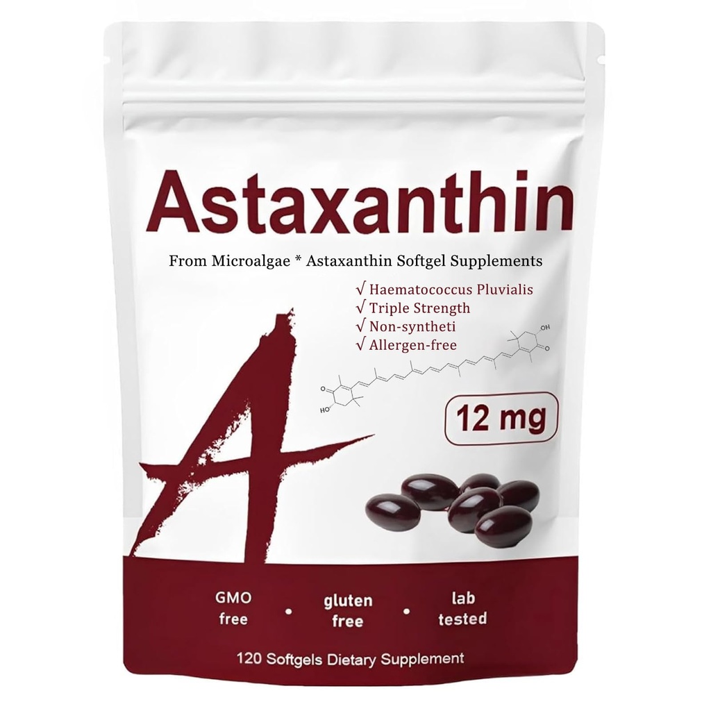 Astaxanthin 12mg, 抗氧化剂活动妇女的三重强体皮肤维生素、支持免疫、皮肤、眼睛和联合健康、促进内部循环、焦炭火焰120