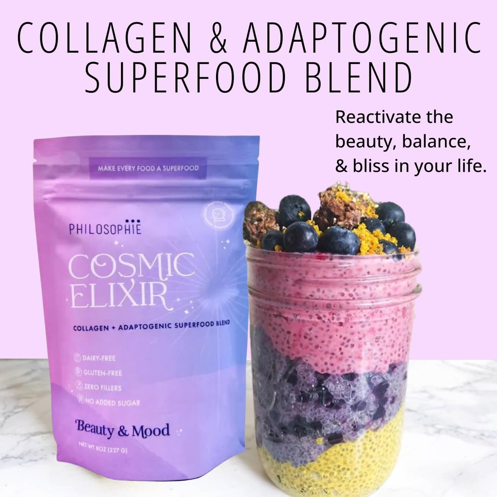 Philosophie Cosmic Elixir Collagen 超级食品与适应原生物混合 – 有机和无甜粉促进古特健康,霍尔蒙平衡,联合支持和皮肤维生 32 服务