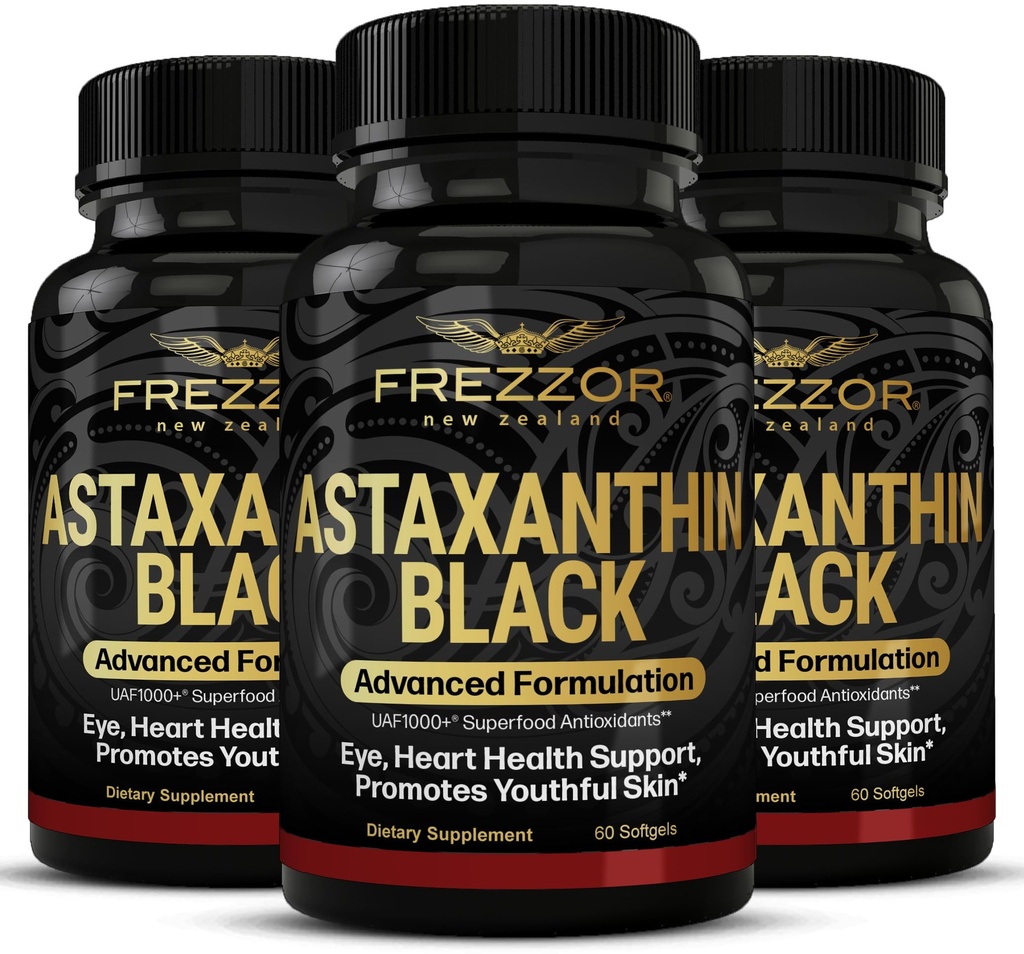 FREZZOR Astaxanthin Black 配有UAF1000+超级抗氧化剂,支持心脏,眼和脑健康,抗衰老皮肤护理和细胞保护,每服务12mg Astaxanthin,180软胶,3个月供应