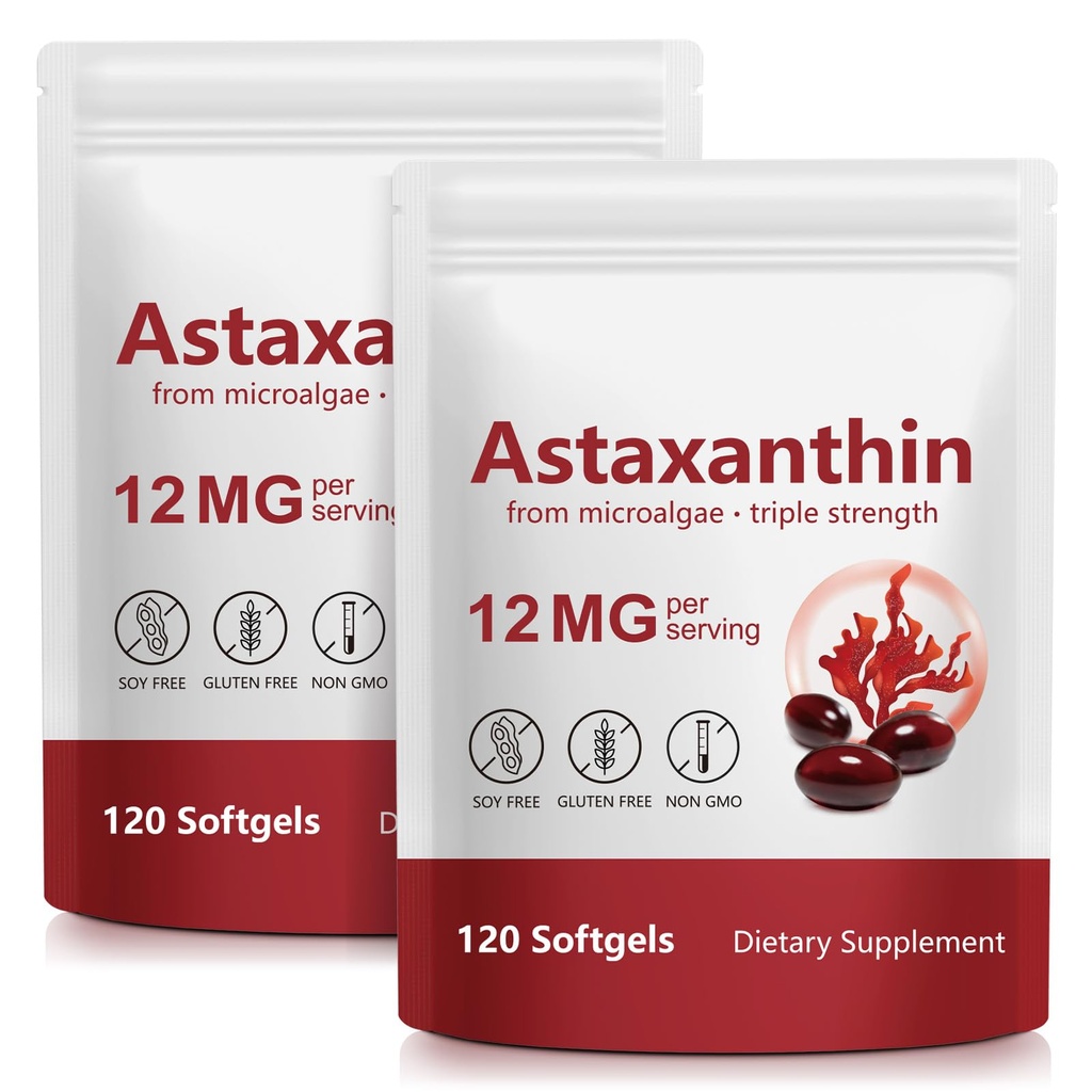 Astaxanthin 12mg, 120 Softgels, (2Pack) Astaxanthin 抗氧化剂补充剂 抗氧化剂活性,支持眼,皮肤,联合和免疫系统健康,新鲜微藻源,非GMO