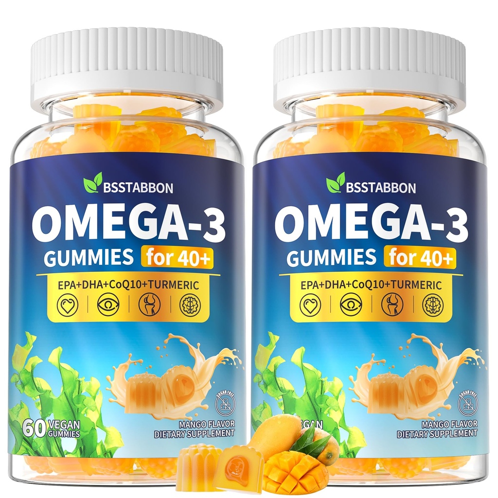 Omega-3 Gummys 成人40+:1280mg Vegan Omega3 Fatty Acid DHA EPA 配有维生素D3 K2 锌图尔姆综合健康支持 - 女性的鱼油替代品(120Count)