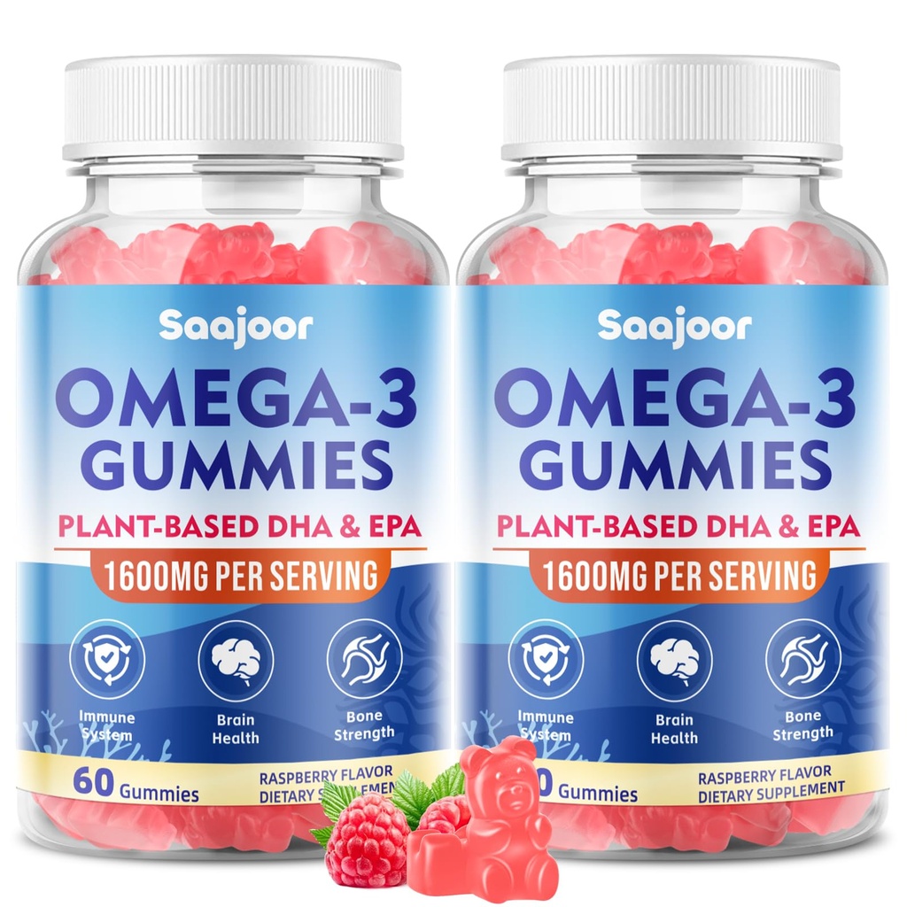 2 Pack Vegan Omega-3 Gummys1000mg for 成人 - 配有400mg DHA & 600mg EPA,维生素A,C,E,和锌 - 120 counter