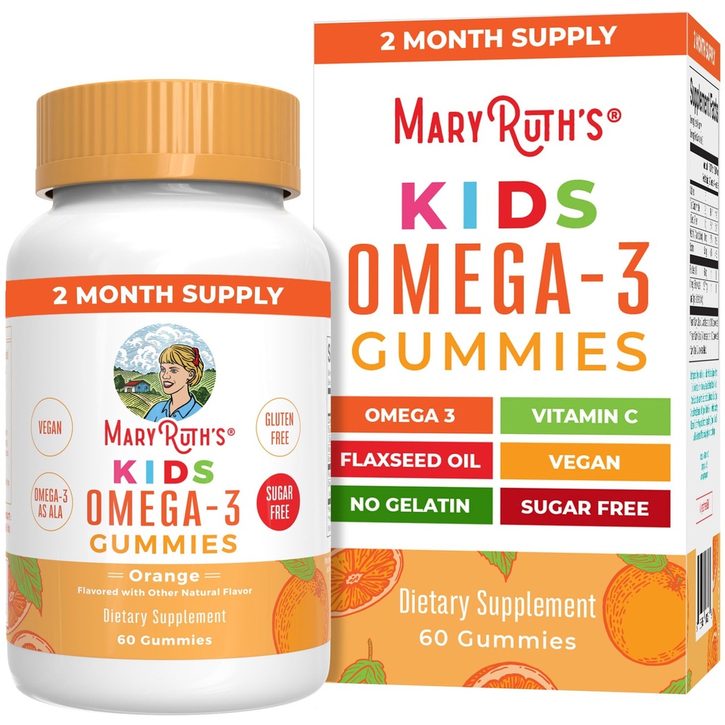 MARYRUTH的Vegan Omega 3 Gummys for Kids 2+,2个月供应,无糖,Omega 3补充维生素C,Flaxseed Oil,免疫支持,基本营养ALA,无鱼味,60个计数