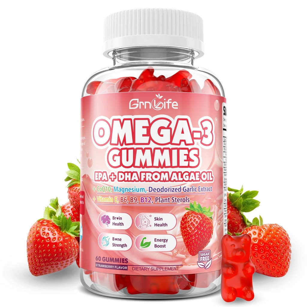 Vegan Omega 3 Gummys 1000mg + CoQ10 + 镁 - w/Algae EPA 600mg & DHA 400mg,鱼油 Omega-3 成人补充品,用于脑,眼,免疫健康,草莓 Flavor, 60 Counter
