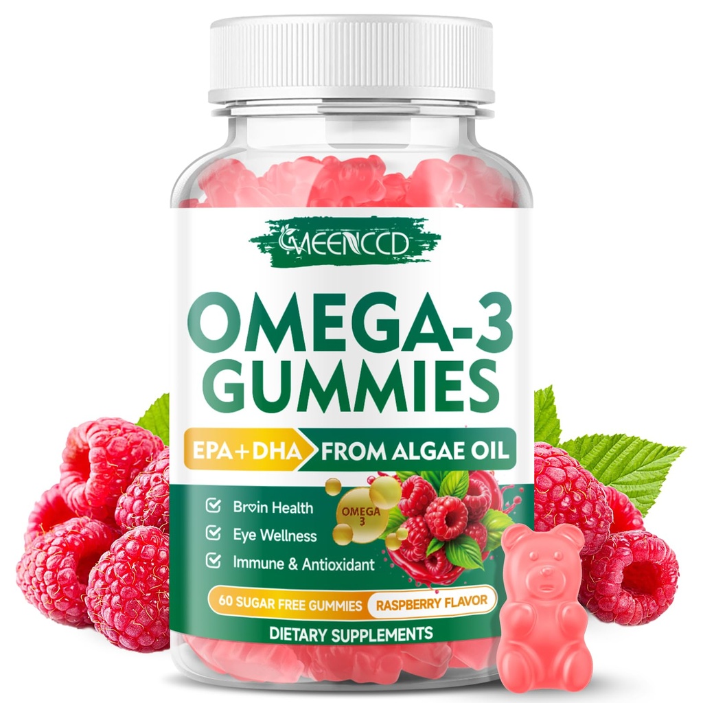 Vegan Omega-3 Gummys 1000mg,Omega 3 成人鱼油替代品,基于藻类的DHA 600mg和EPA 300mg + 维生素A,C,E,锌,支持整体健康,无鱼味,60个计数
