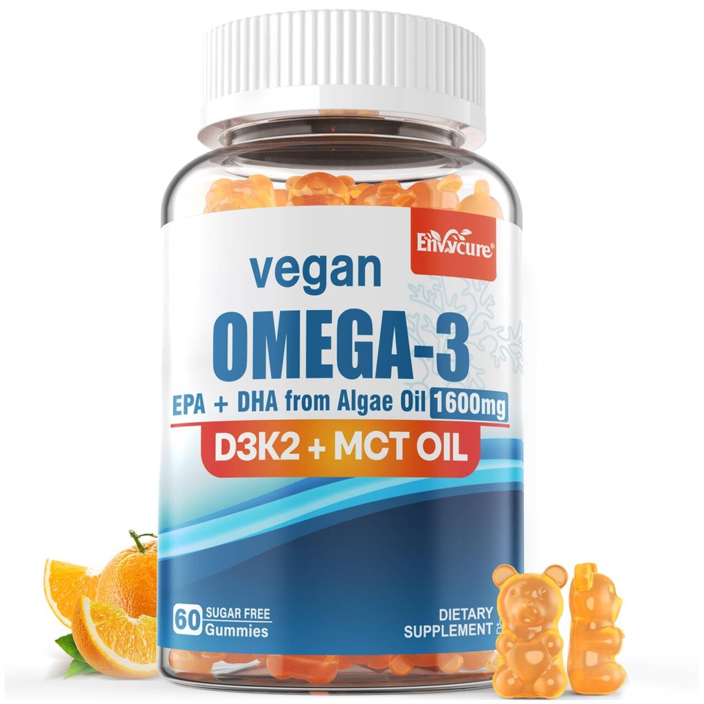 Vegan Omega 3 Gummys 1280mg + 维生素 D3 K2(MK7),Omega 3 成人鱼油替代品,w/Algae EPA 600mg & DHA 400mg,MCT Oil - 无鱼味 - 用于脑,眼,免疫健康,无糖,1包