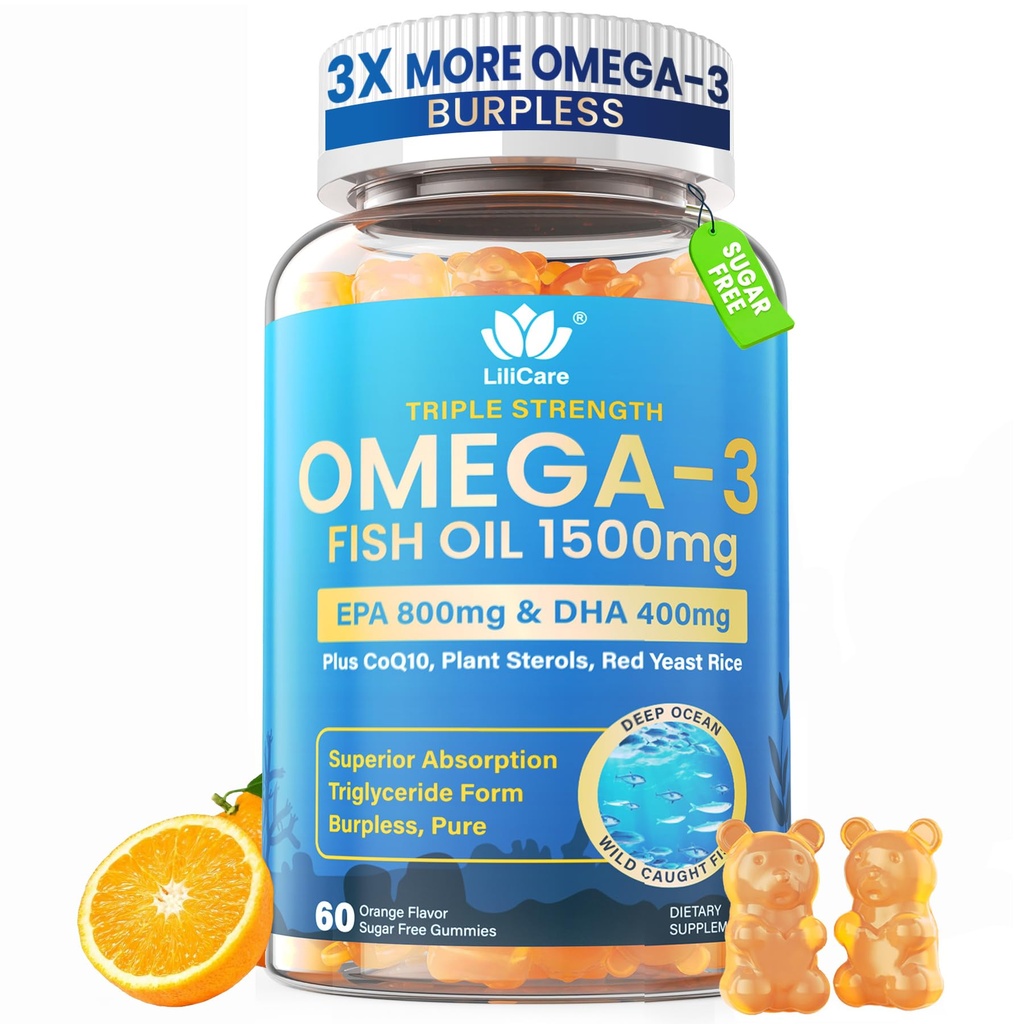 鱼油 Omega 3 Gummys 1500mg for Adults - 与EPA & DHA, COQ10, 红东方大米 - 野生抓获 Omega 3 Fatty Acids Supplements for Hḙar-t & Brain - 无糖, Burpless, 60 Counter