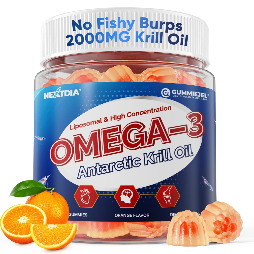 Liposomal 南极磷虾油 Omega 3 Gummys 2000mg - 与EPA, DHA & Astaxanthin 的细胞级吸收 Omega-3 - 抗氧化剂和脑支持 - 鱼油补充剂替代品 - 60 Counter