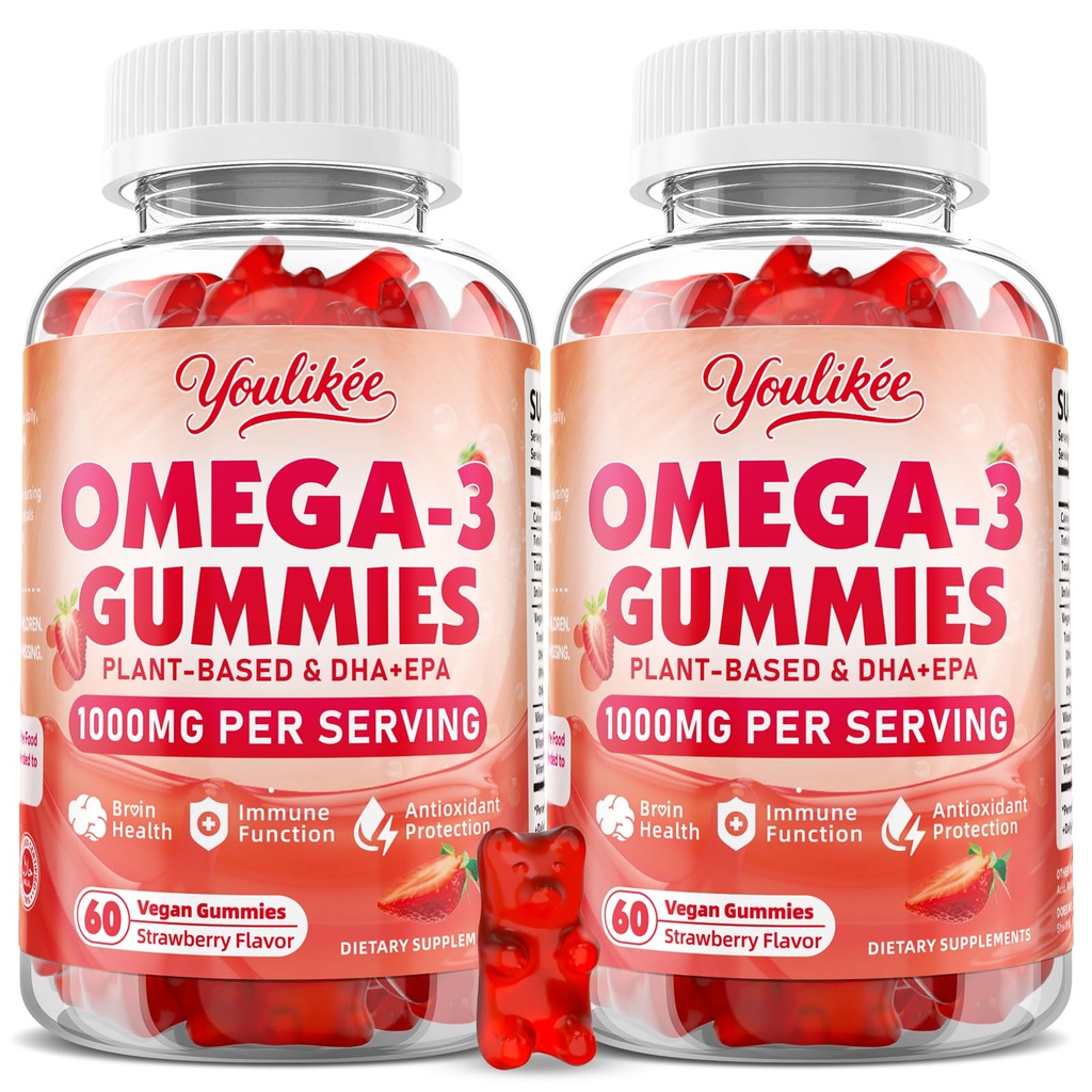2 Pack Vegan Omega-3 Gummys 1000mg, Omega 3 成人鱼油替代品,基于植物的DHA 460mg和EPA 230mg w/维生素A, C, E,草莓火焰,120 Count