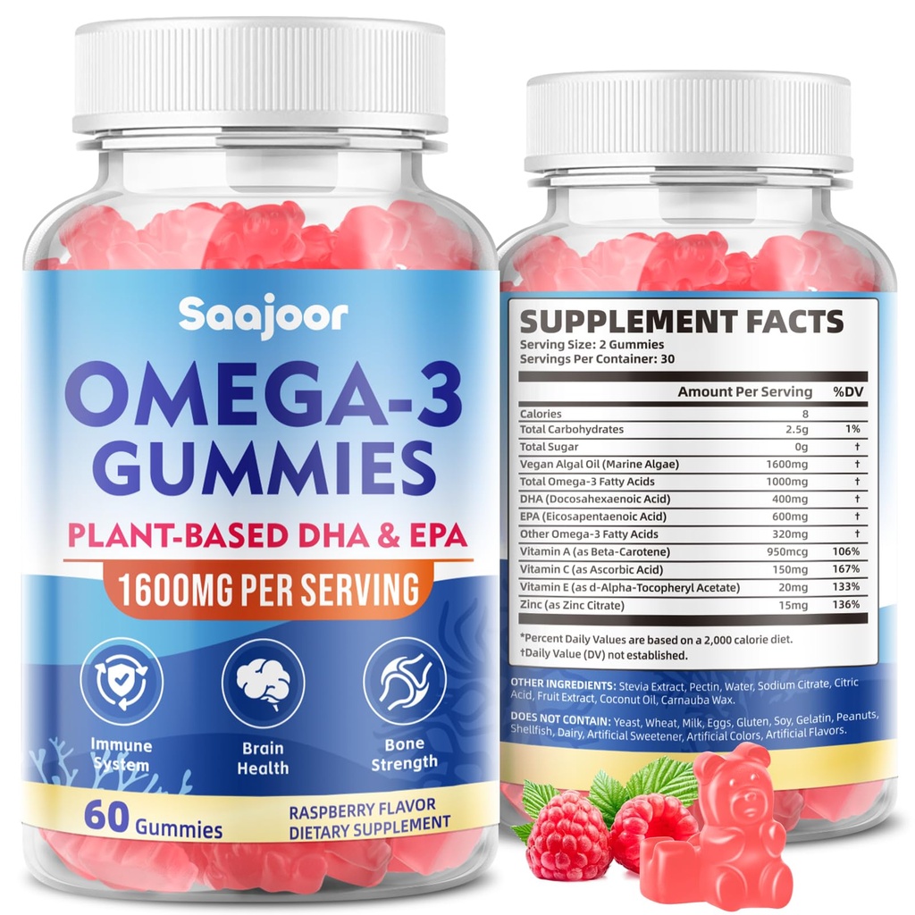 成人Vegan Omega-3 Gummys1000mg - 配有400mg DHA & 600mg EPA,维生素A,C,E和锌的无糖补充物 - 60个