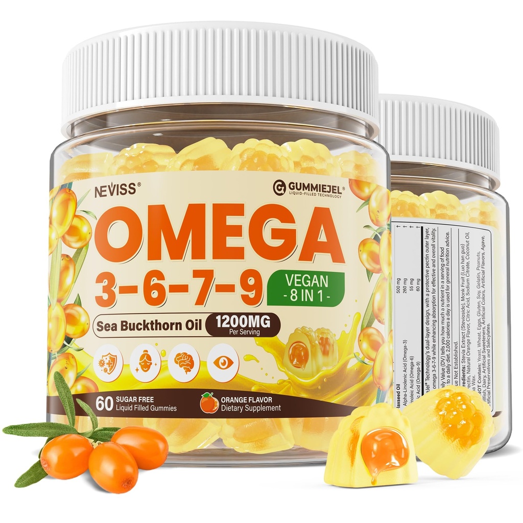 Omega 3-6-7-9 Gummys,有机海巴克特角油 1200MG & Flaxseed Oil 500MG, Vegan Omega 7 补充 W/维生素A, C, E,脂肪酸,无鱼味,支持皮肤,眼,免疫,脑健康,60Cts