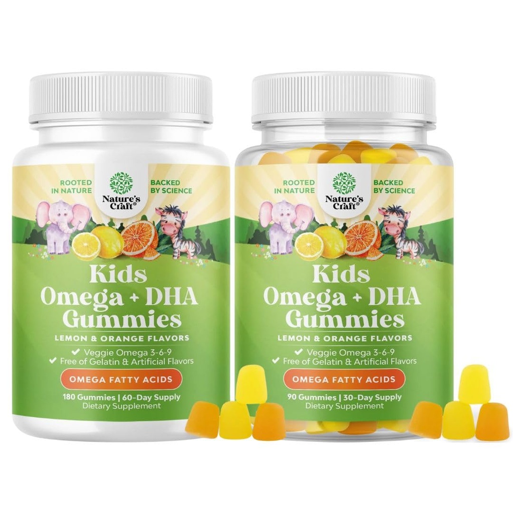 Omega DHA Gummys for Kids - Fatty Acids Omega 3 6 9 配以维生素C用于大脑,豁免和视野 - 营养性DHA用于健康神经系统与焦点支持 - 蔬菜和葡萄园免费