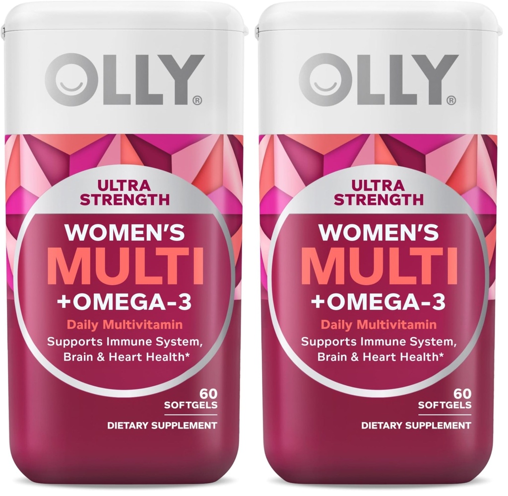 OLLY 超女性多软胶,整体健康和免疫支持,Omega-3s,Iron,维生素A,D,C,E,B12,Daily Multivitamin,30 Day Supplement -,60 Counter (Pack of 2)