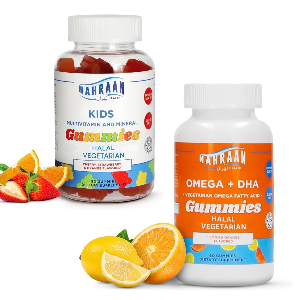 Halal Multivitamins for Kids (90 Counter) & Halal Omega 3 Gummys for 成人与孩子 (60 Counter) - 非GMO, Vegetarian, Gluten Free Halal Gummys