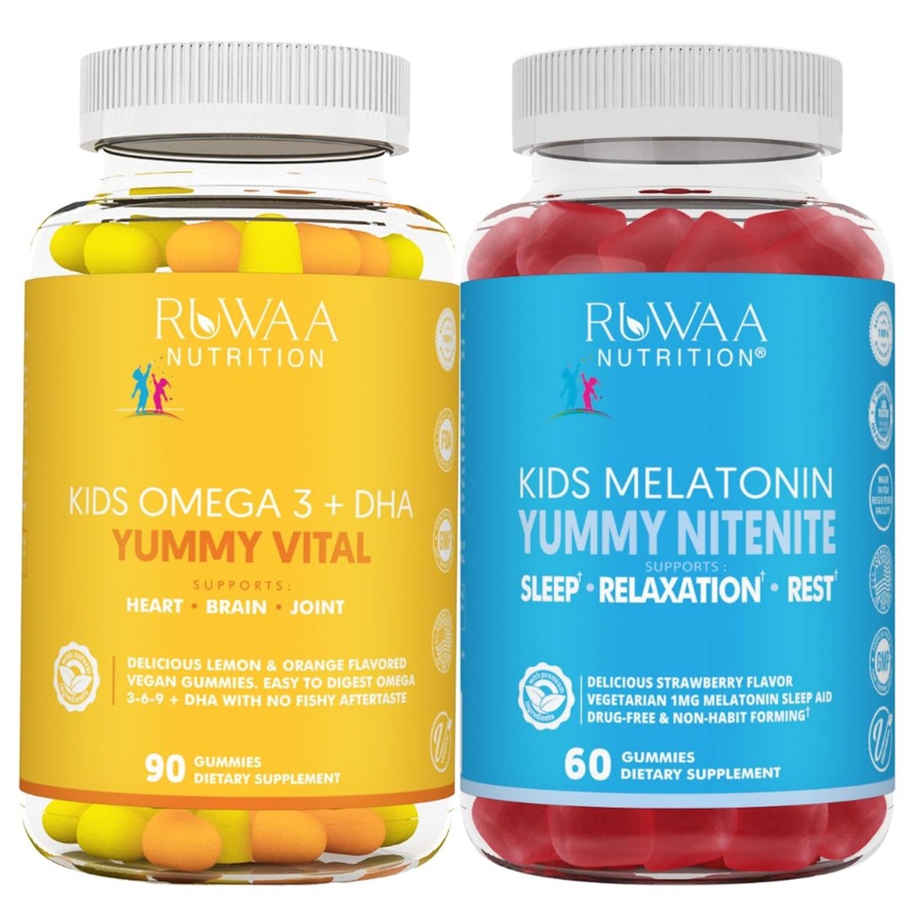 RUWAA营养 Omega 3 Gummys, DHA Gummys和1mg Melatonin Gummys | No Fish, no After-Taste, Non-Habit Forming, Gluten Free, Non-GMO, 产于美国.