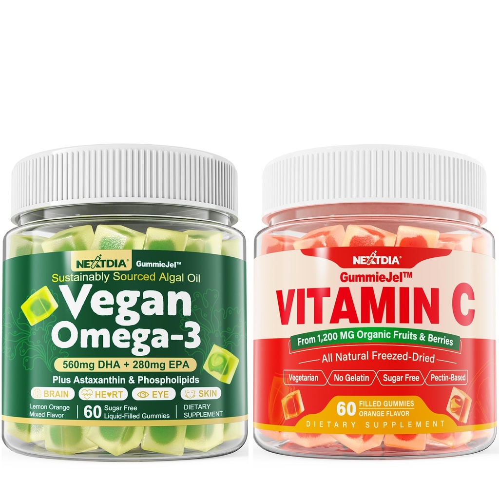 Nextdia Vegan Omega 3 Gummys + 成人和儿童全食维生素C Gummys