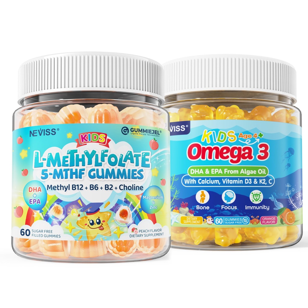 儿童 L-Methylfolate Gummys,活性5-MTHF + 甲基B12,维生素B6,B2,乔琳,Vegan Omega 3 DHA & EPA + Kids Omega 3 Gummy + 钙 400mg + 维生素D3 K2 + C,Omega-3 DHA & EPA 补编