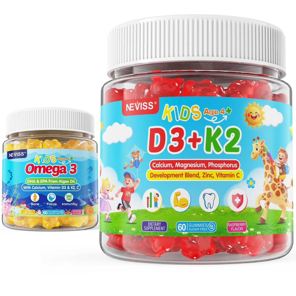 儿童维生素D3 K2 Gummys 2 Pack + Omega 3 Gummys for Kids 2 Pack