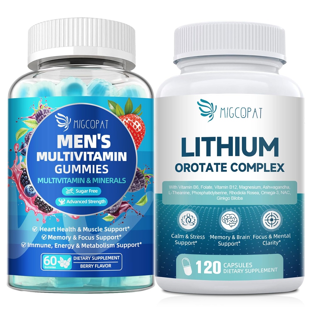 Migcopat Men 的多维他命胶体和 Orotate 锂复合材料盒, Omega-3, 镁