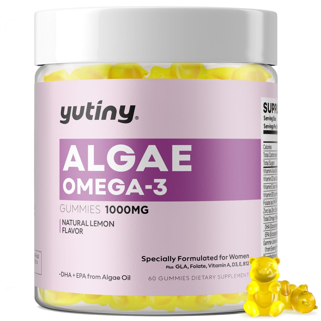 Vegan Omega 3 Gummys for Women, Algae Omega 3 1000 mg 与DHA, EPA, GLA, 维生素A, E, B12, Folate, Skin & Brain Health, 无糖, 60 Counter