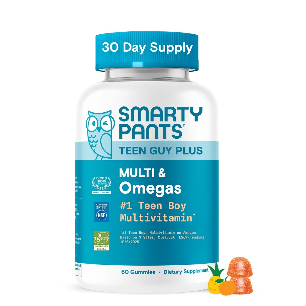 SmartyPants Ten Guy Plus Multi & Omegas Multivitamin Gummys with Omega 3 DHA/EPA,维生素D3,C,B12,B6,A,K,锌,Folate,Gluten Free,清洁标签,菠萝橙,60 Gummys(30天供应)
